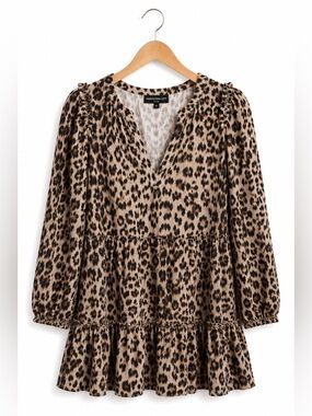 Generations Love Leopard Print Tiered Mini Dress XS Boho Babydoll Puff Sleeve